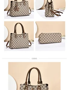 Women's stylish checkered handbag with top handle, adjustable strap, and chic floral pendant design.