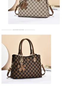 Stylish women's checkered shoulder handbag with elegant flower pendant, versatile daily tote bag.