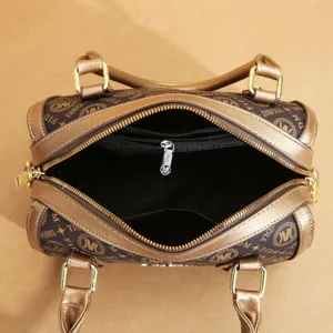 Detailed view of the stylish retro Boston handbag interior, showing spacious capacity and lining.