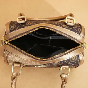 Detailed view of women fashion retro pillow handbag with open zipper and large capacity.