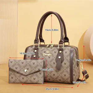Detail view showing dimensions of retro monogram shoulder pillow bag and matching clutch purse set.