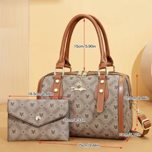 Stylish brown monogram boston handbag and matching wallet set with top handles and dimensions.