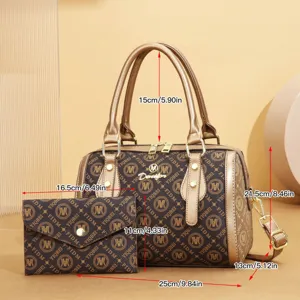 Fashion vintage monogram handbag set with top handle and shoulder strap, detailed size view.