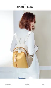 Detail view of the stylish women contrast color oxford cloth backpack worn by model.
