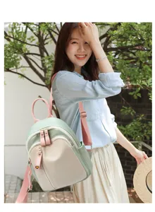 Casual oxford cloth backpack with color block design, green and beige daily daypack for women.