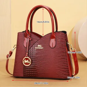 Borsa a mano in pelle verniciata rossa con stampa coccodrillo, elegante grande borsa donna.