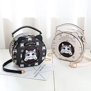 Cute Cartoon Cat PU Leather Small Round Bag Women Fashion Chain Crossbody Shoulder Bag Casual Handbag