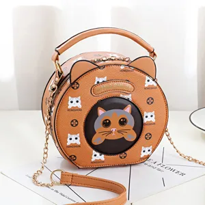 Cute cat round crossbody bag for women, trendy PU leather shoulder bag with chain strap and handle.
