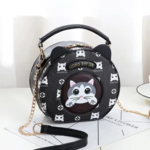 Cute cat round cross-body bag for women, stylish black shoulder bag with cute ears.