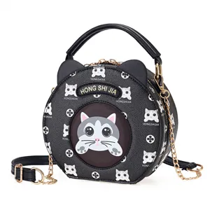 Cute cat round crossbody bag for women, stylish cartoon designer handbag with chain strap.