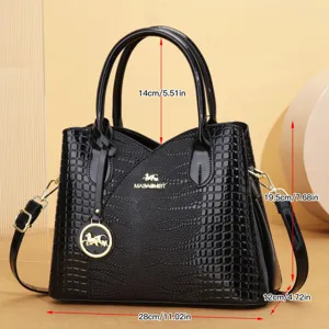 Borsa tote nera in ecopelle verniciata coccodrillo, elegante borsa a spalla retrò donna.
