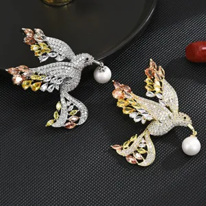 Luxurious Peace Dove Brooch Gradient Rhinestone Artificial Pearl Copper Brooch Pin Fashion Jewelry Gift For Women