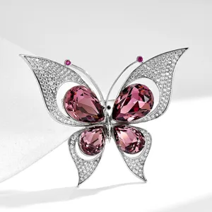 Elegant pink crystal butterfly brooch with sparkling zircon, luxury coat pin jewelry gift.