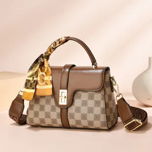 Women Fashion Plaid Crossbody Bag Vintage PU Leather Shoulder Handbag Chic Checkerboard Top Handle Bag With Scarf