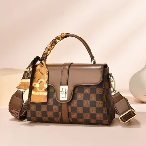 Brown checkered women crossbody handbag with stylish handle scarf and gold lock hardware chic bag