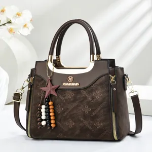 Dark brown women shoulder bag detail showing stylish metal handle and cute star bead pendant charm.