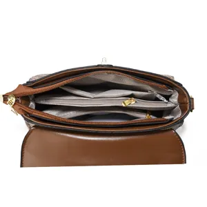 Women's brown crossbody shoulder bag with multi-compartment interior and flap design.