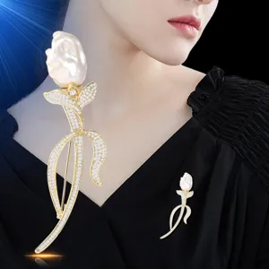 Exquisite baroque freshwater pearl tulip brooch, elegant crystal rhinestone women corsage pin.