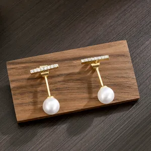 Minimalista Chapado en Oro Strass Perla Barra Pendientes de Botón Con Poste de Plata de Ley 925 Elegante Joya de Mujer