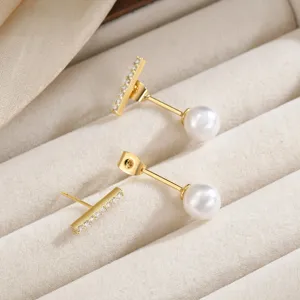 Elegantes pendientes de botón de barra y perla chapados en oro para mujer, joyas elegantes.