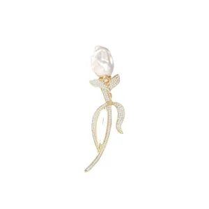 Elegant baroque freshwater pearl tulip brooch, gold tone crystal pin for women jewelry.