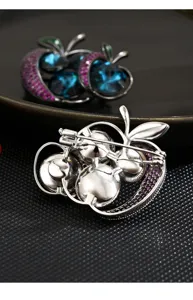 Apple shape rhinestone crystal brooch pin detail view, elegant silver tone metal lapel accessory.