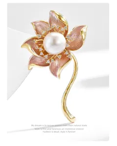 Elegant lotus freshwater pearl brooch pins luxury enamel crystal coat dress accessories