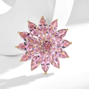 Luxury pink marquise rhinestone flower brooch pin elegant gold tone statement jewelry