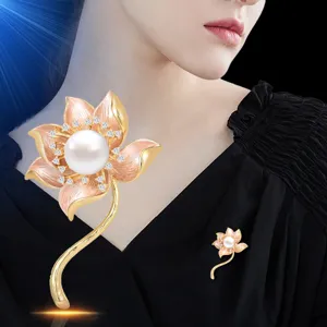 Elegant lotus pearl brooch for women, premium enamel flower coat pin fashion jewelry.