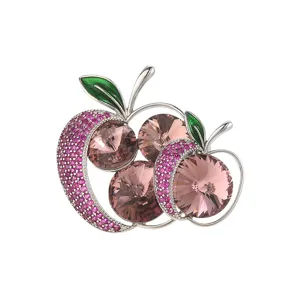 Elegant crystal apple brooch for women, sparkling cubic zirconia suit lapel pin accessory.