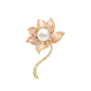 Elegant lotus pearl brooch with pink enamel and gold stem, perfect for coat decoration.