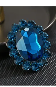 Superbe broche en cristal détail, pierres ovales et rondes bleu foncé étincelantes.