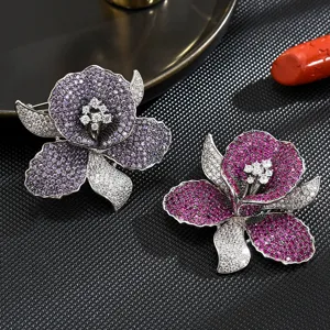 Luxury Orchid Brooch Pin For Women Elegant Copper Zirconia Floral Suit Jacket Dress Accessories Fashion Jewelry Gift