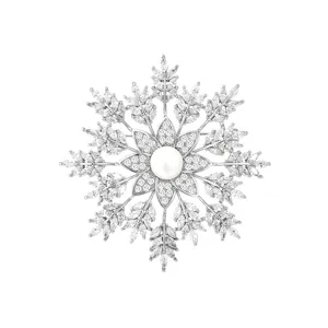 Exquisite snowflake pearl brooch with sparkling cubic zirconia, elegant clothing anti-glare pin.