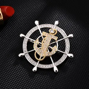 Elegant nautical style ship wheel anchor rhinestone brooch pin for women suit jacket accessories.