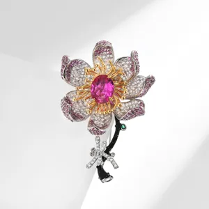 Elegante rosafarbene Zirkonia Blumen Brosche mit Libelle, wunderschöner Damenschmuck.