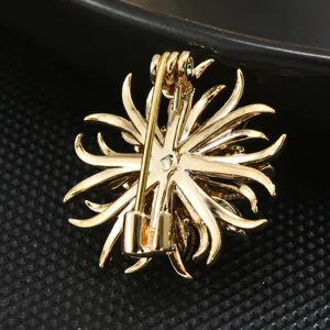 Gold tone crystal flower brooch back view detailed design elegant lapel pin accessory