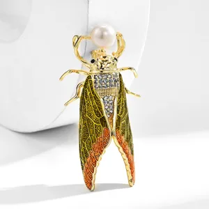 Gold Cicada Pearl Brooch Summer Enamel Rhinestone Insect Pins Women Fashion Apparel Accessories