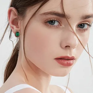 Pendientes de tuerca ovalados de piedra preciosa verde retro elegante, joyería de fiesta.