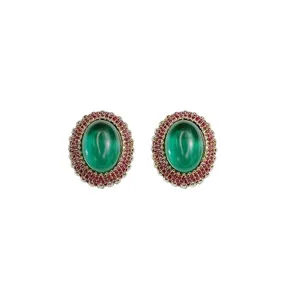 Elegantes pendientes ovalados de piedra verde con halo de pedrería estilo vintage