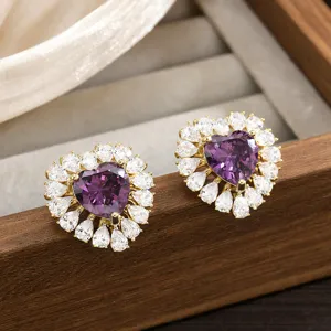Luxury purple heart stud earrings with sparkling white zirconia halo, elegant chic jewelry.