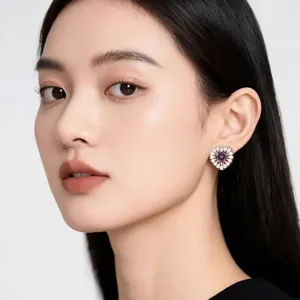 Elegant heart purple gemstone stud earrings with sparkling halo diamonds for daily wear