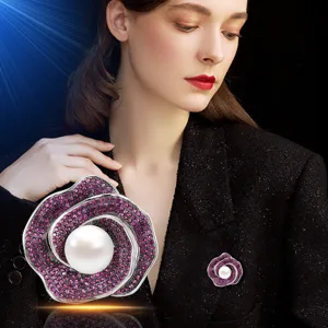 Elegant camellia pearl brooch pin for women, luxury rhinestone crystal suit jacket accessory.