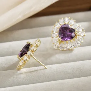 Luxury purple heart stud earrings with sparkling clear zirconia halo, chic gold-plated daily wear.