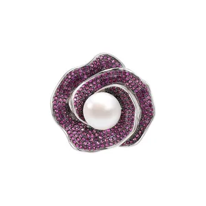 Exquisite pink crystal pavé camellia brooch with freshwater pearl for elegant suit and coat wear.