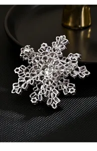 Silver-tone double layer crystal snowflake brooch pin, exquisite reverse side jewelry detail.