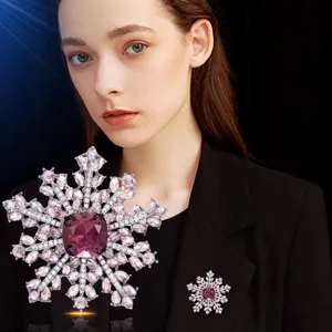 Stunning double layer pink rhinestone snowflake brooch elegant crystal corsage for women apparel