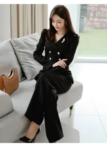 Detail shot of a model wearing a black suit featuring an elegant gold feather brooch.