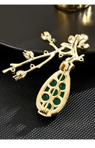 Elegant Chinese style plum blossom vase brooch, exquisite gold tone green jadeite pin accessory.