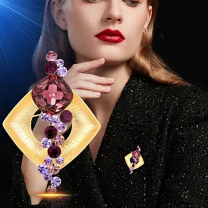 Elegante broche cuadrada geométrica de cristal de lujo francés para accesorio traje mujer